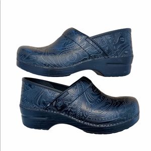 Dansko Black Floral Tooled Leather Clogs
